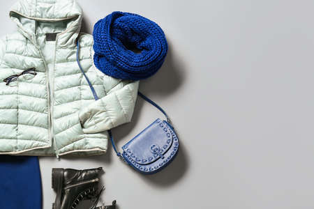 Stylish female clothes on gray background, closeupの写真素材