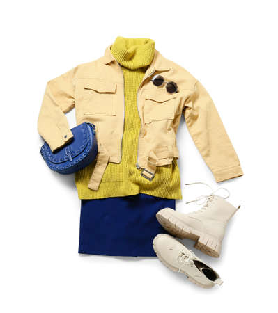 Female clothes, shoes and accessories on white backgroundの写真素材