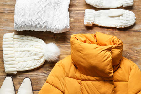 Winter jacket, hat, scarf mittens and shoes on wooden backgroundの写真素材