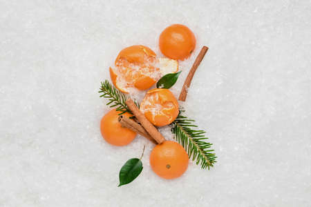 Tasty tangerines and fir branches on snowの写真素材