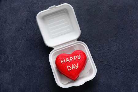 Plastic lunch box with tasty bento cake on dark background