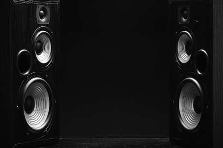 Modern loudspeakers on dark backgroundの写真素材