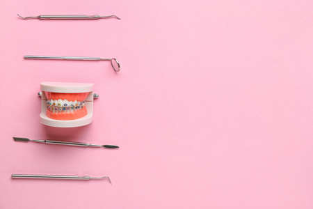 Model of jaw with dental braces and dentist tools on pink backgroundの写真素材