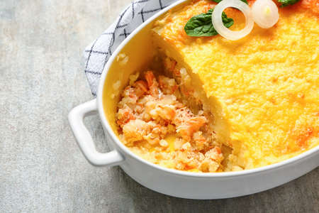 Baking dish with tasty English fish pie, closeupの写真素材