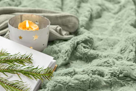 Opened book, fir tree branch and burning candle on soft plaid, closeup