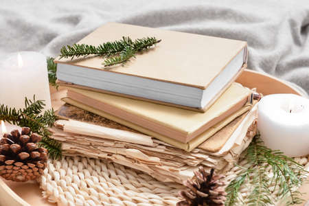 Wooden tray with stack of books, pine cones and fir tree branches, closeup