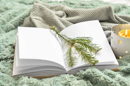 Opened book, fir tree branch and candle on fluffy plaidの写真素材