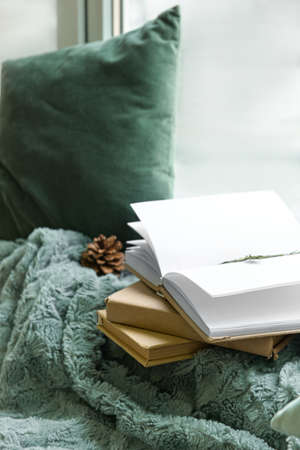 Stack of books with warm plaid on windowsillの写真素材