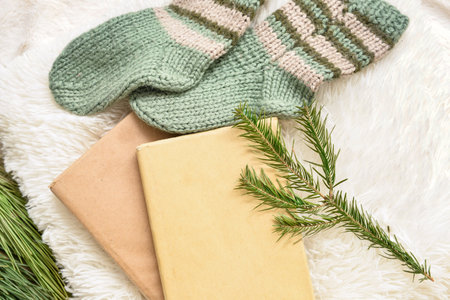 Books, knitted socks and fir tree branch on fluffy plaidの写真素材