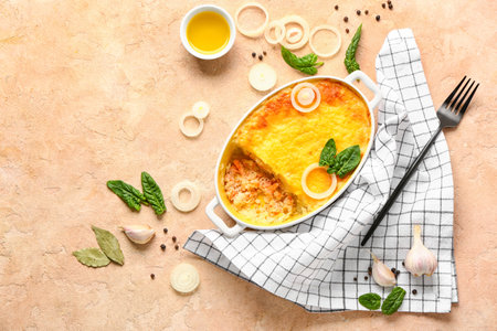 Baking dish with tasty English fish pie on beige backgroundの写真素材