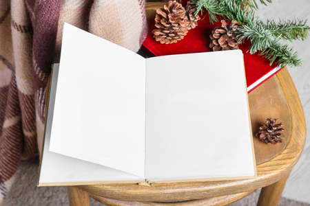 Opened book with blank pages, plaid and pine cones on wooden chair, closeupの写真素材