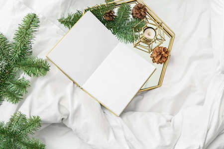 Tray with opened book, burning candle and fir tree branches on bedの写真素材