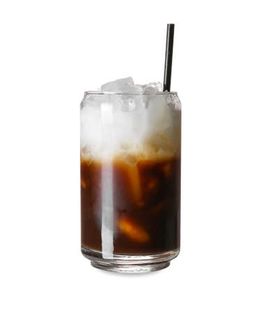 Glass of delicious White Russian cocktail on white background