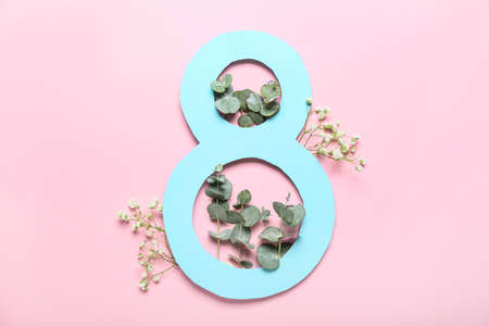 Composition with beautiful flowers for International Women's Day on pink backgroundの写真素材