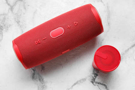 Wireless portable speakers on light backgroundの写真素材