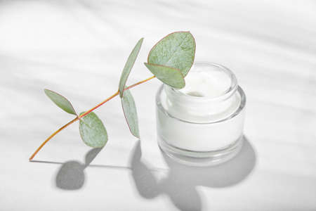 Jar with natural cosmetic cream and eucalyptus branch on white backgroundの写真素材