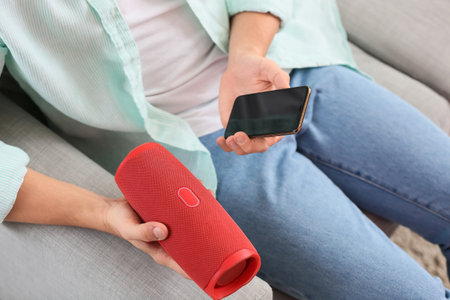 Man connecting mobile phone to modern wireless portable speaker on sofa, closeup