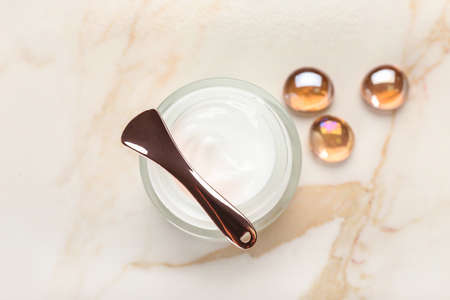 Jar with natural cosmetic cream on light backgroundの写真素材