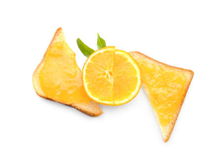 Toasts with tasty orange jam on white background