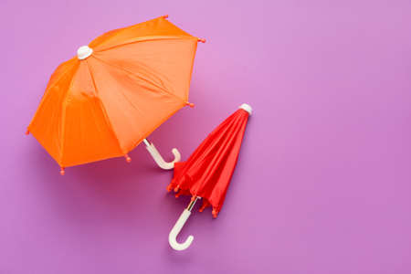 Mini umbrellas on color background