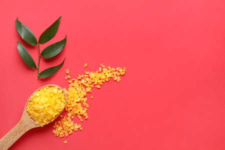 Wooden spoon with orange sea salt and plant leaf on color background