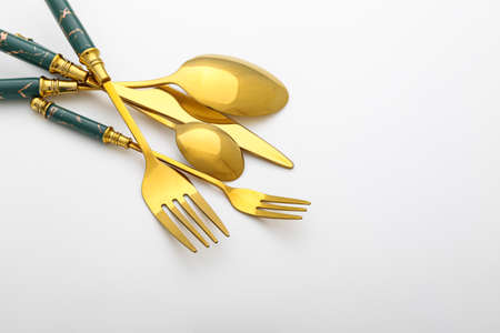 Set of stainless steel cutlery on white background, closeupの写真素材