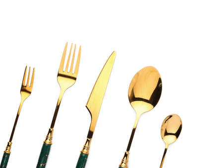 Set of stainless steel cutlery on white background, closeupの写真素材