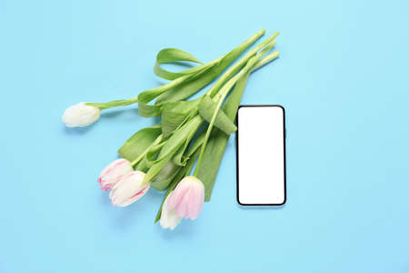Beautiful tulip flowers and mobile phone on color backgroundの写真素材