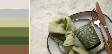 Simple beautiful table setting with floral decor on light background. different color patterns