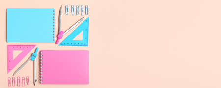 School stationery on beige background with space for text, top view
