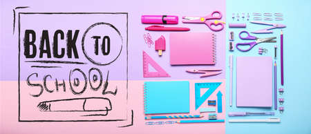 Different stationery on colorful background, top view. back to school