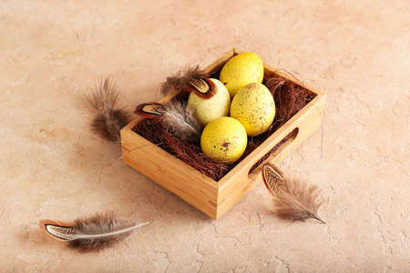 Wooden box with painted Easter eggs and feathers on color background