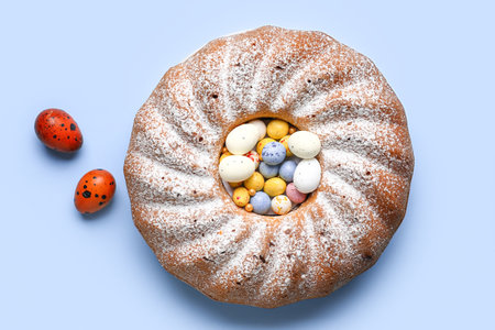 Tasty Easter cake and eggs on blue backgroundの写真素材