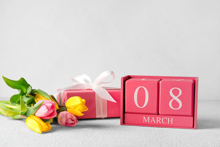 Cube calendar with date MARCH 8, gift box and bouquet of tulips for International Women's Day celebration on light backgroundの写真素材