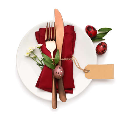 Stylish table setting for Easter celebration on white background