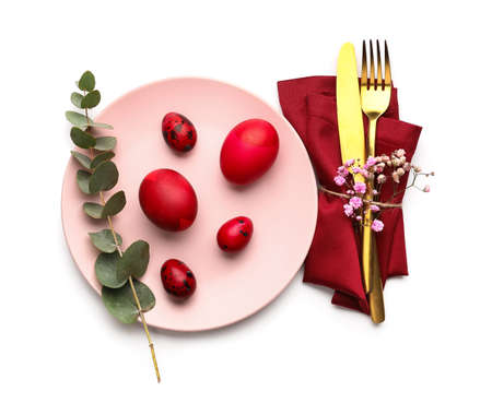 Stylish table setting for Easter celebration on white background
