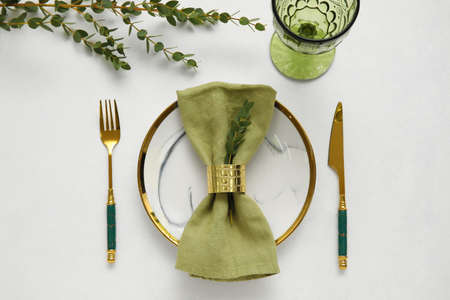 Simple table setting with green branch on light background
