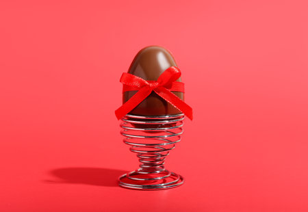 Holder with chocolate Easter egg on red backgroundの写真素材