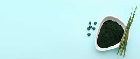 Bowl of healthy spirulina powder and pills on blue background with space for text
