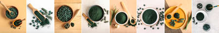 Collage of healthy spirulina powder and pills, top view
