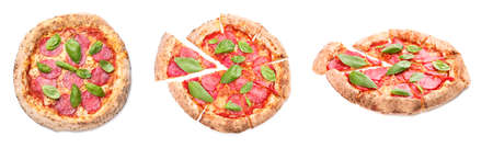 Set of tasty pizza pepperoni isolated on whiteの写真素材
