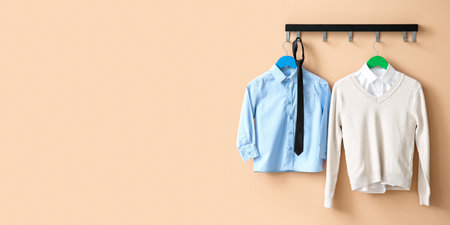 Stylish school uniform hanging on beige wall. banner designの写真素材
