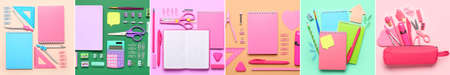 Set of school stationery on colorful background, top viewの写真素材