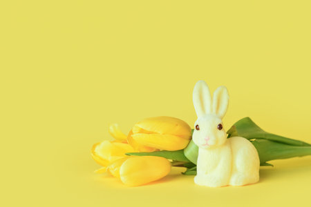 Cute Easter bunny and flowers on yellow backgroundの写真素材
