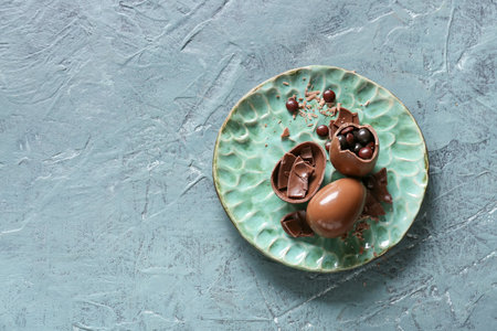 Plate with broken chocolate Easter eggs on color backgroundの写真素材