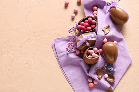 Chocolate Easter eggs, candies and gypsophila flowers on color backgroundの写真素材