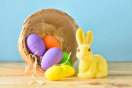 Easter bunny and basket with painted eggs on color background