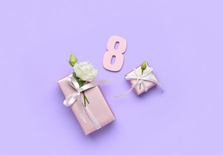 Different gift boxes with flowers for International Women's Day on color backgroundの写真素材
