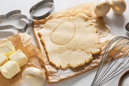 Fresh dough and ingredients for preparing Easter cookies on table