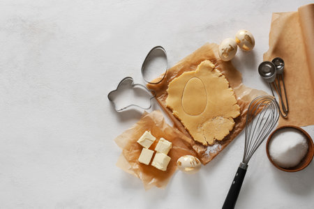 Fresh dough and ingredients for preparing Easter cookies on tableの写真素材